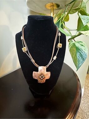 Chico's Copper Cross Pendant Necklace with Amber Accents